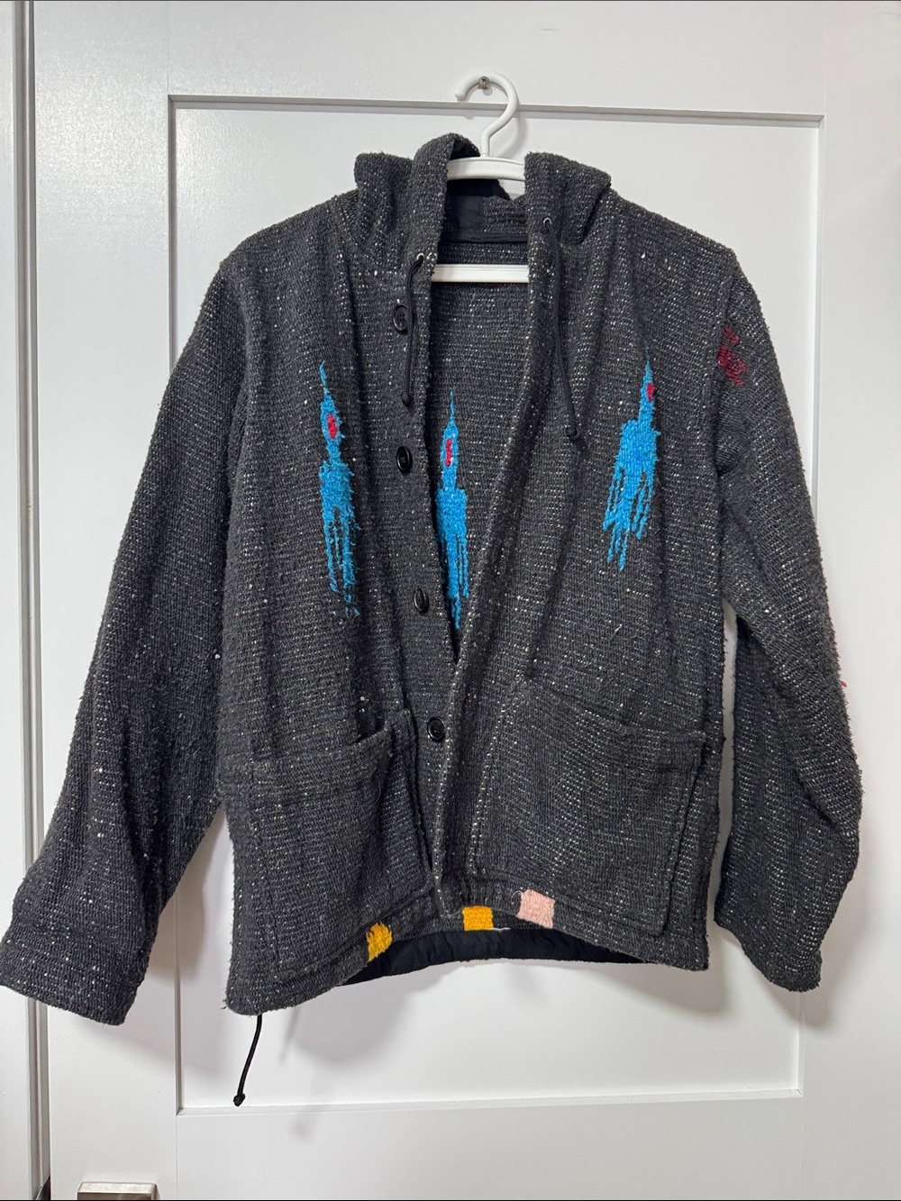 Kids Gray Hooded Knit Jacket with Blue Graphic Accents